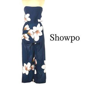 SHOWPO Navy White Floral Strapless Send it to Jumpsuit Sz XS NWT